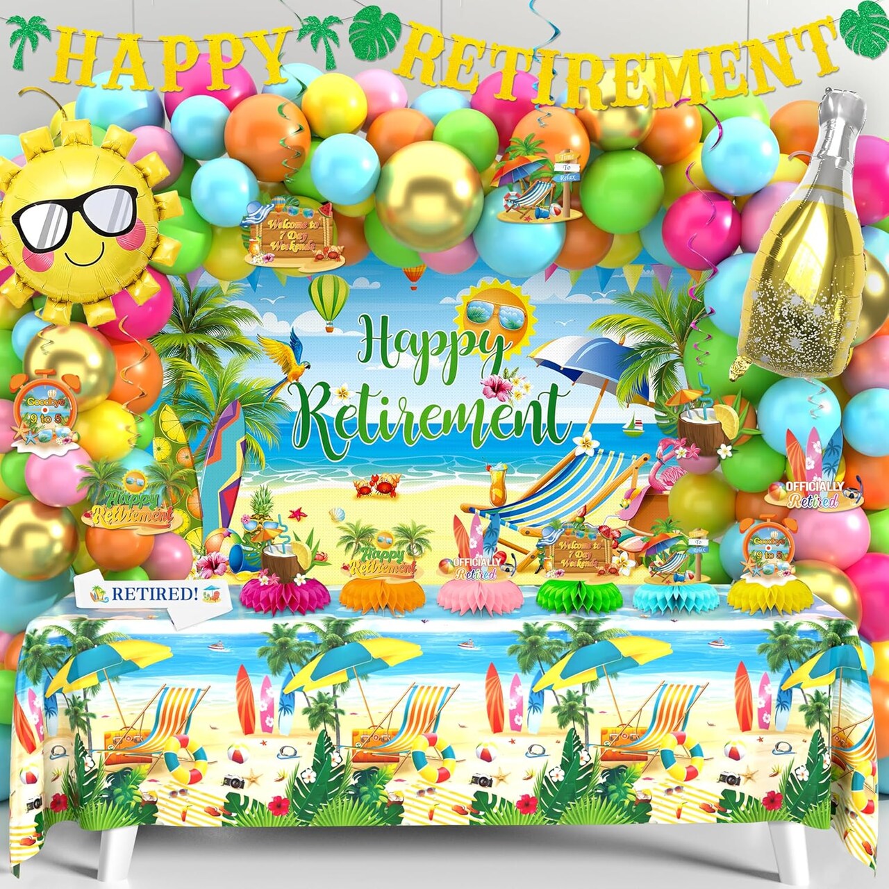 Summer Themed Happy Retirement Party Supplies with Hanging Swirl Honeycomb Centerpiece Banner Balloon Arch Kit for Tropical Hawaii Pool Retired Party Decor
